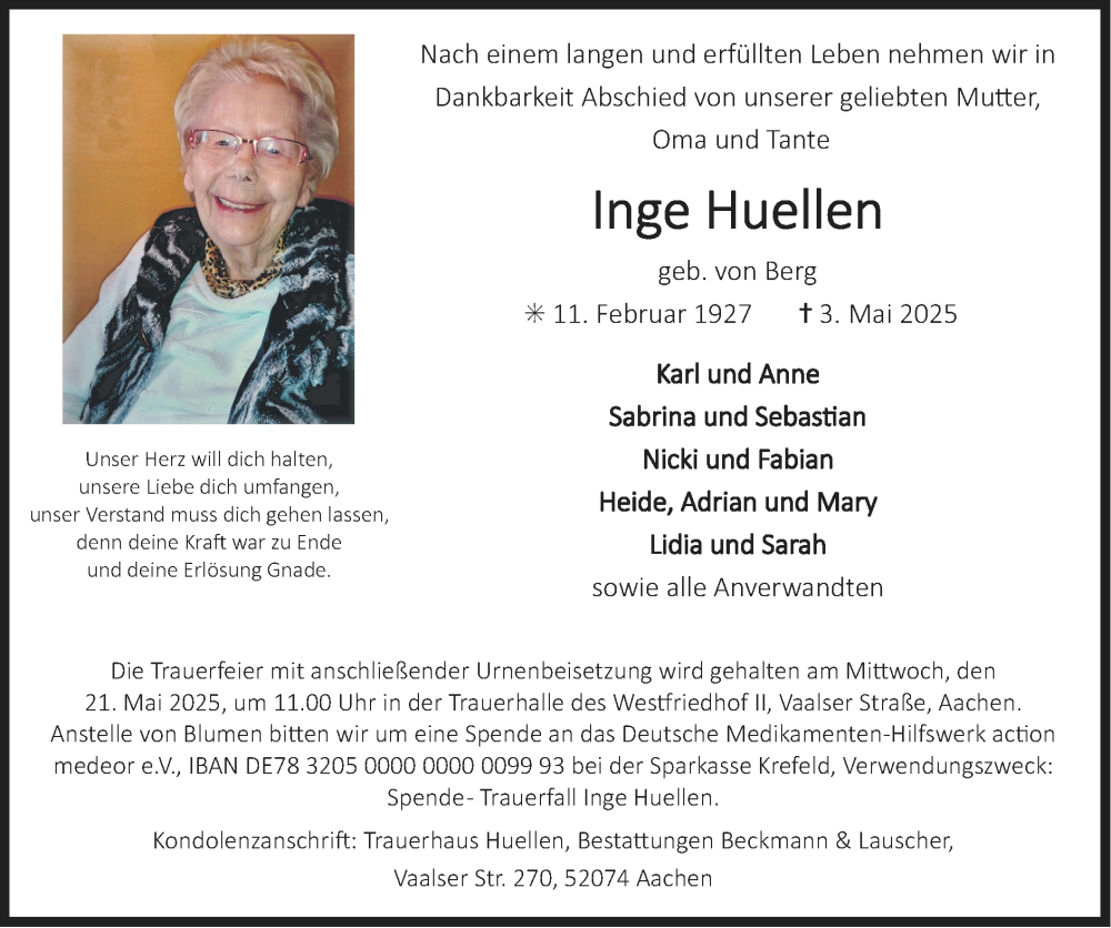 Traueranzeige für Inge Huellen vom 11.05.2025 aus Zeitung am Sonntag