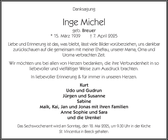Traueranzeige von Inge Michel von Zeitung am Sonntag