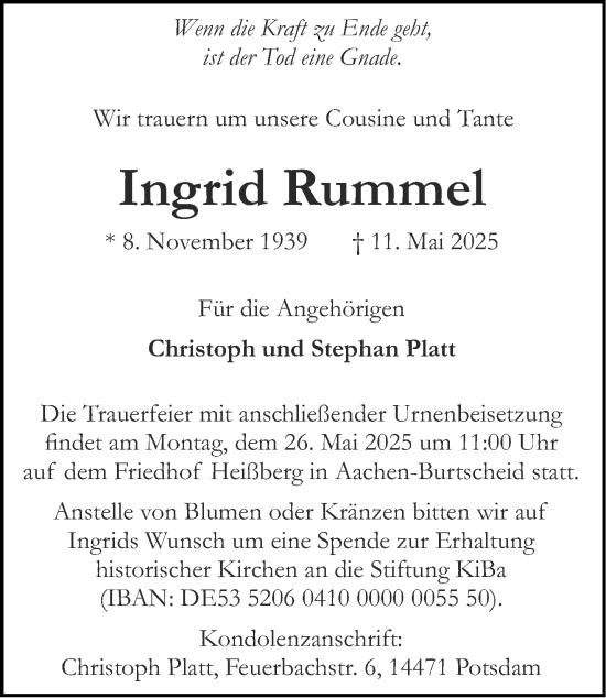 Traueranzeige von Ingrid Rummel von Aachener Zeitung