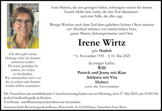 Traueranzeige von Irene Wirtz von Zeitung am Sonntag