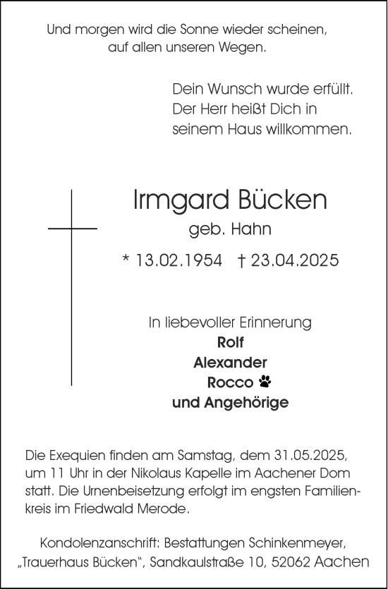 Traueranzeige von Irmgard Bücken von Zeitung am Sonntag