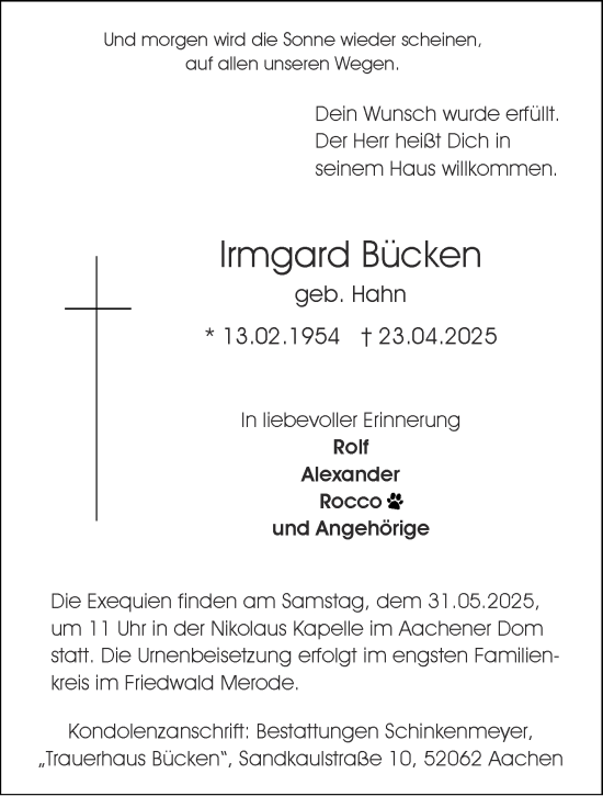 Traueranzeige von Irmgard Bücken von Aachener Zeitung