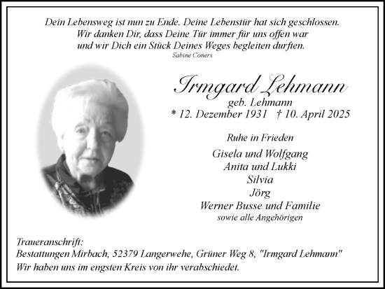 Traueranzeige von Irmgard Lehmann von Zeitung am Sonntag