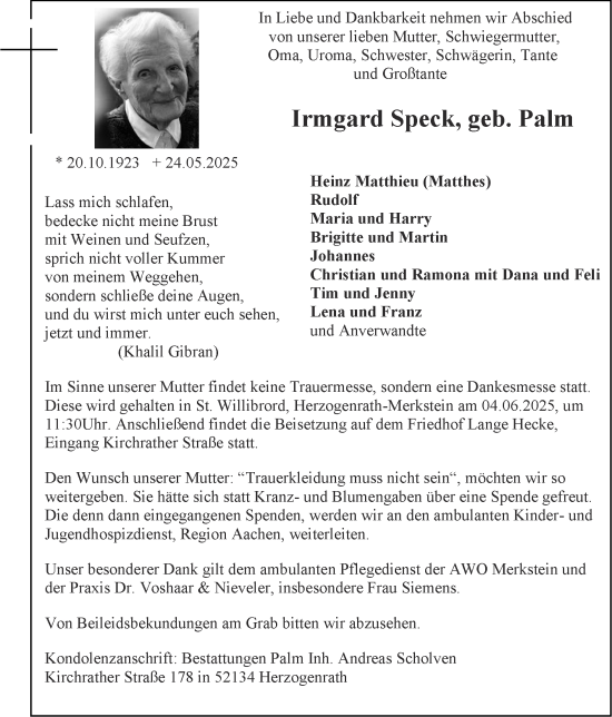 Traueranzeige von Irmgard Speck von Zeitung am Sonntag
