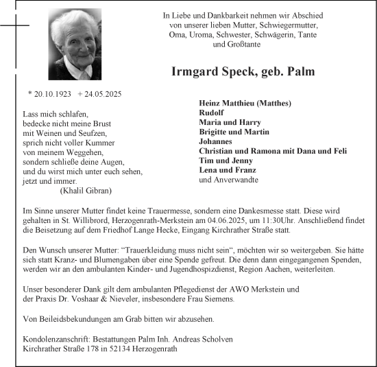 Traueranzeige von Irmgard Speck von Aachener Zeitung