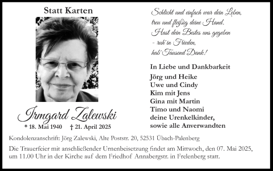 Traueranzeige von Irmgard Zalewski von Zeitung am Sonntag