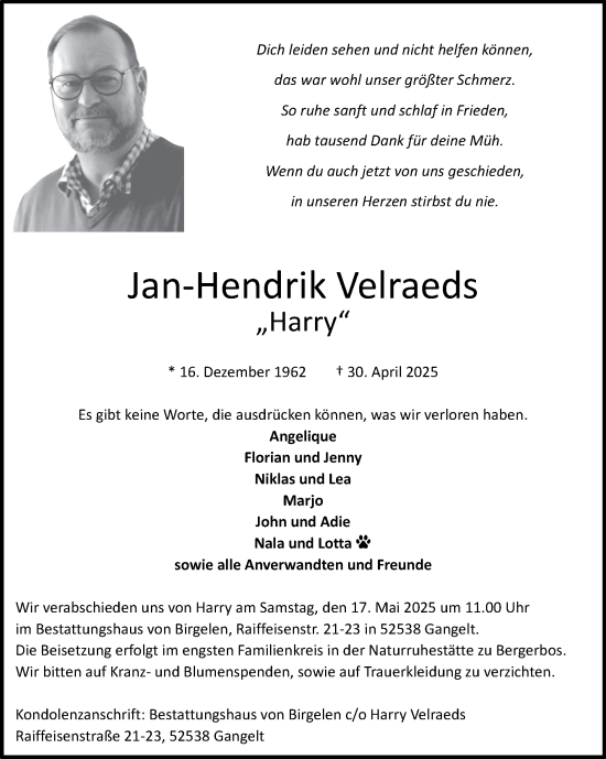 Traueranzeige von Jan-Hendrik Velraeds von Zeitung am Sonntag