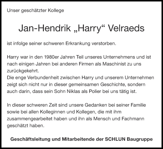 Traueranzeige von Jan-Hendrik Velraeds von Zeitung am Sonntag