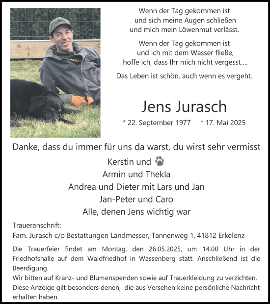 Traueranzeige von Jens Jurasch von Zeitung am Sonntag