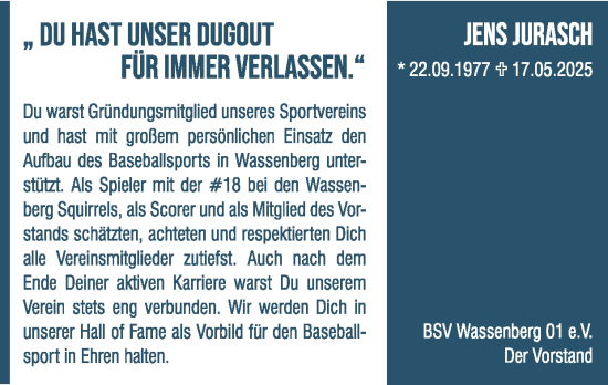 Traueranzeige von Jens Jurasch von Zeitung am Sonntag