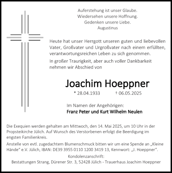 Traueranzeige von Joachim Hoeppner von Zeitung am Sonntag