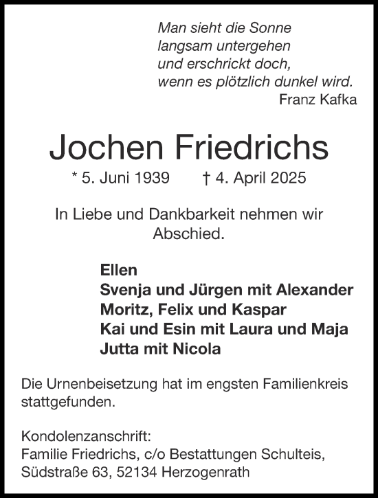 Traueranzeige von Jochen Friedrichs von Aachener Zeitung