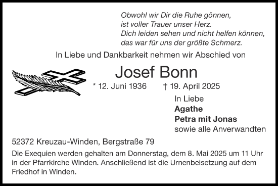 Traueranzeige von Josef Bonn von Zeitung am Sonntag