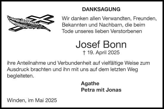 Traueranzeige von Josef Bonn von Zeitung am Sonntag