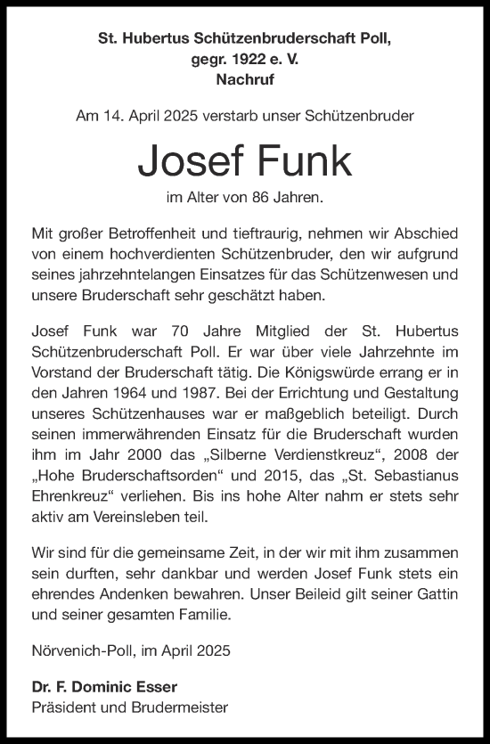 Traueranzeige von Josef Funk von Zeitung am Sonntag