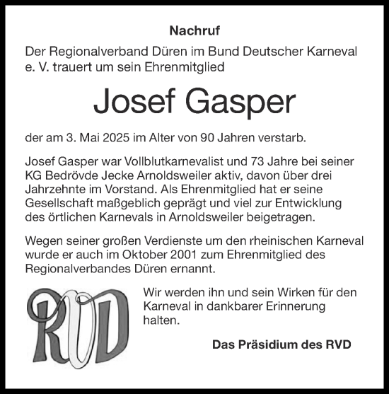 Traueranzeige von Josef Gasper von Zeitung am Sonntag