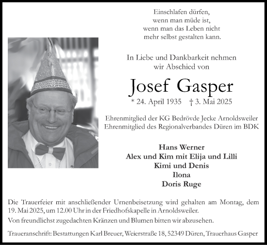 Traueranzeige von Josef Gasper von Zeitung am Sonntag