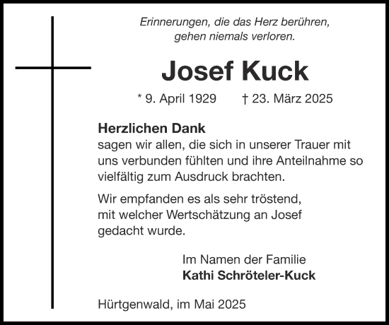 Traueranzeige von Josef Kuck von Zeitung am Sonntag