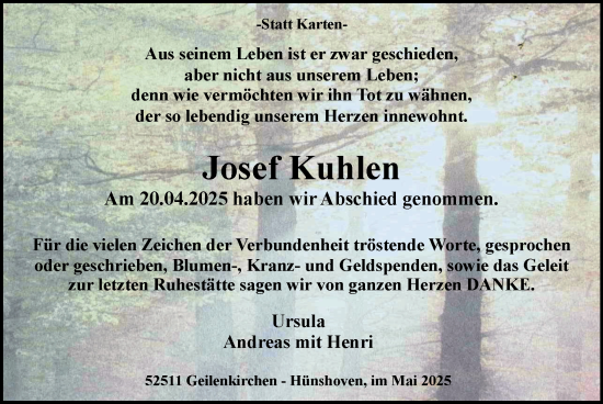 Traueranzeige von Josef Kuhlen von Zeitung am Sonntag