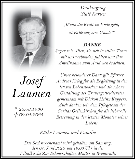 Traueranzeige von Josef Laumen von Zeitung am Sonntag