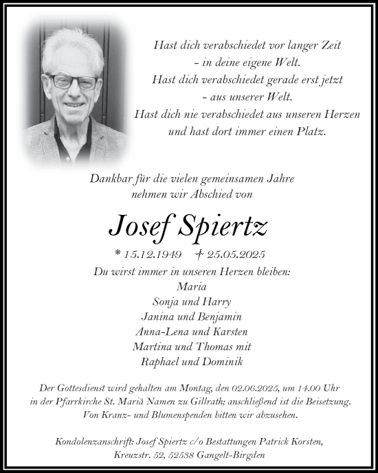 Traueranzeige von Josef Spiertz von Zeitung am Sonntag
