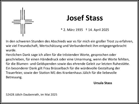 Traueranzeige von Josef Stass von Zeitung am Sonntag