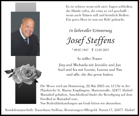 Traueranzeige von Josef Steffens von Zeitung am Sonntag