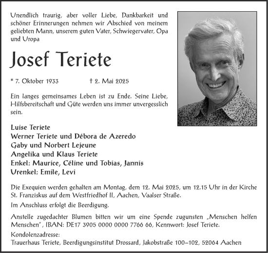 Traueranzeige von Josef Teriete von Aachener Zeitung