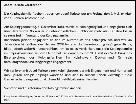 Traueranzeige von Josef Teriete von Aachener Zeitung
