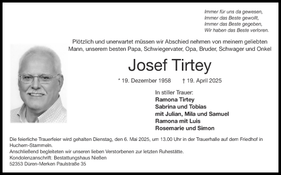 Traueranzeige von Josef Tirtey von Zeitung am Sonntag