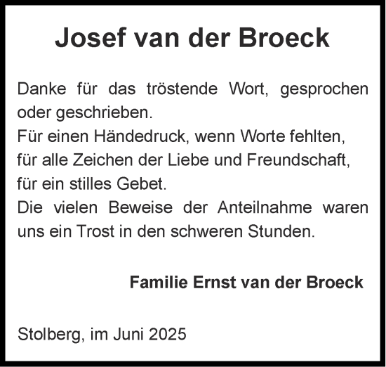 Traueranzeige von Josef van der Broeck von Zeitung am Sonntag