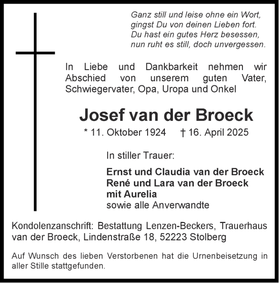 Traueranzeige von Josef van der Broeck von Zeitung am Sonntag