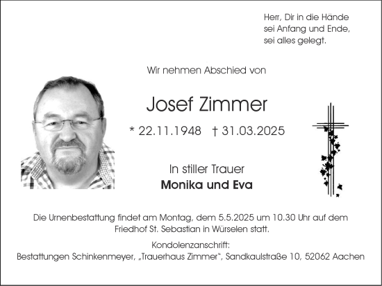 Traueranzeige von Josef Zimmer von Zeitung am Sonntag