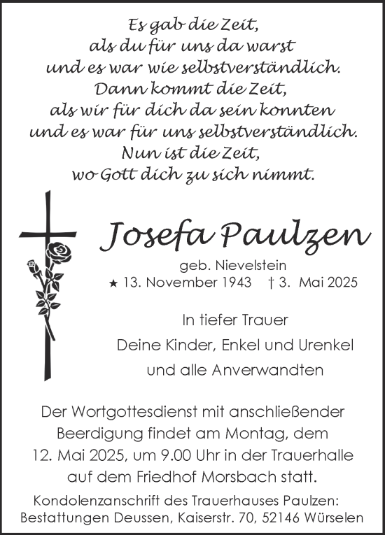 Traueranzeige von Josefa Paulzen von Zeitung am Sonntag