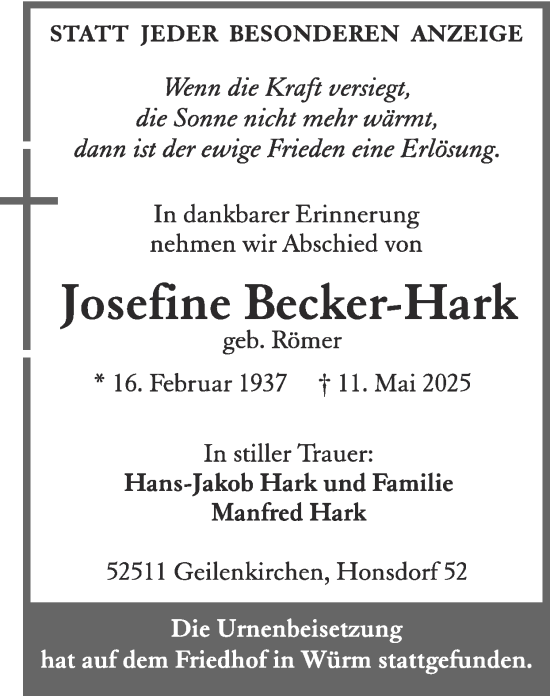 Traueranzeige von Josefine Becker-Hark von Zeitung am Sonntag