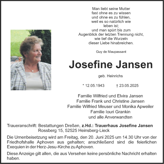 Traueranzeige von Josefine Jansen von Zeitung am Sonntag