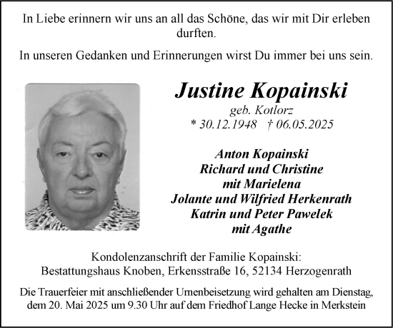 Traueranzeige von Justine Kopainski von Zeitung am Sonntag