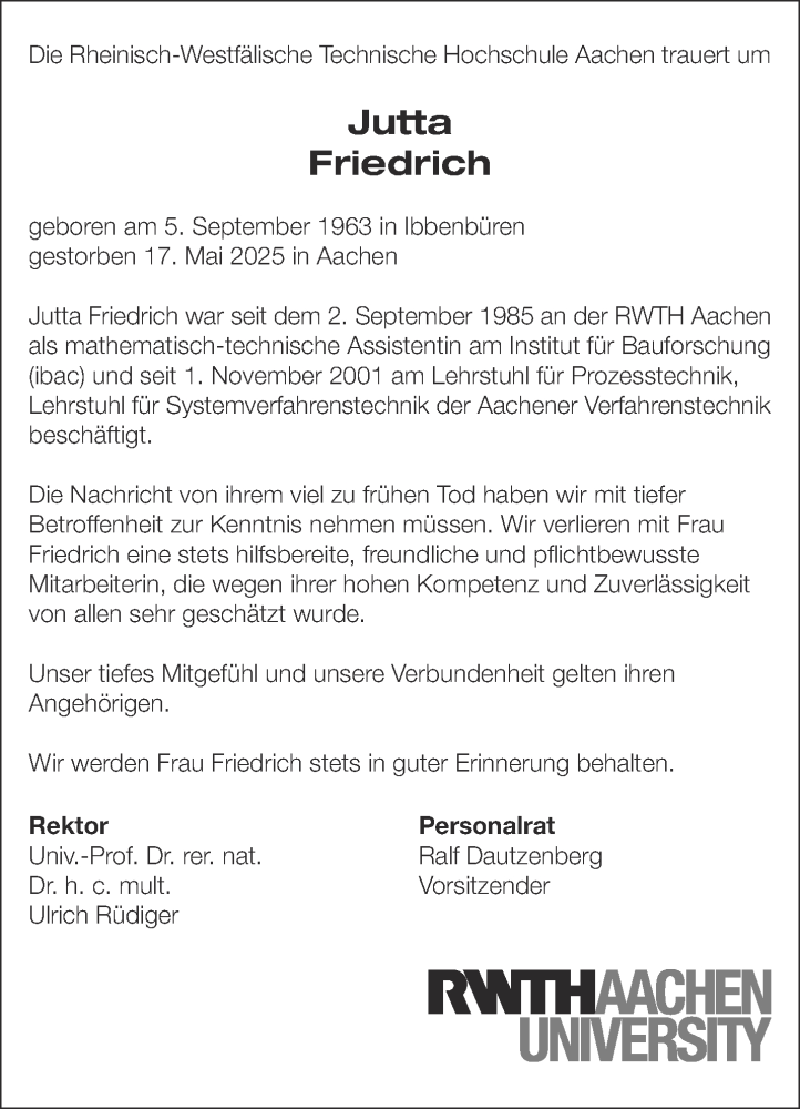  Traueranzeige für Jutta Friedrich vom 31.05.2025 aus Aachener Zeitung