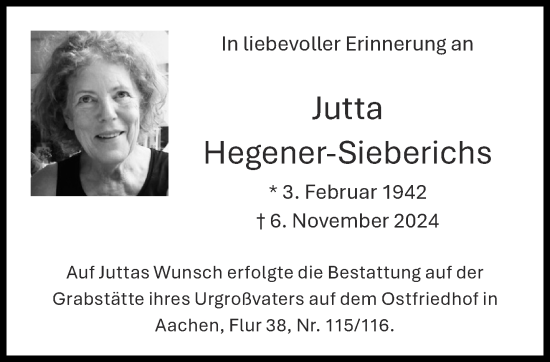 Traueranzeige von Jutta Hegener-Sieberichs von Aachener Zeitung
