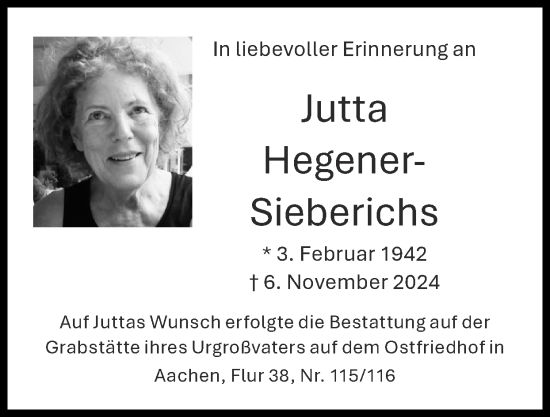 Traueranzeige von Jutta Hegener-Sieberichs von Zeitung am Sonntag