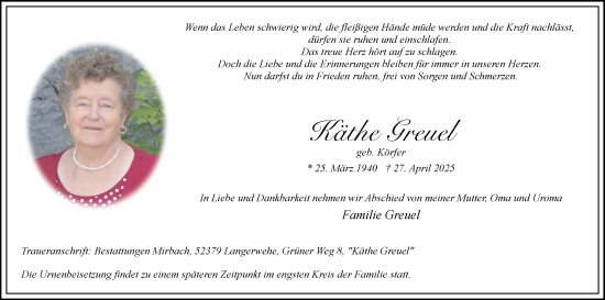 Traueranzeige von Käthe Greuel von Zeitung am Sonntag