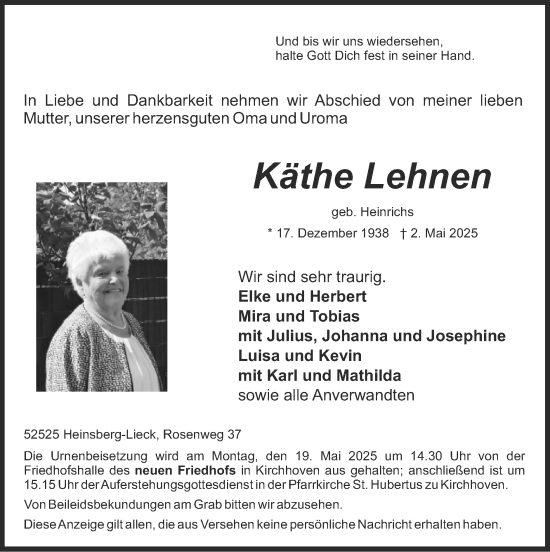 Traueranzeige von Käthe Lehnen von Zeitung am Sonntag