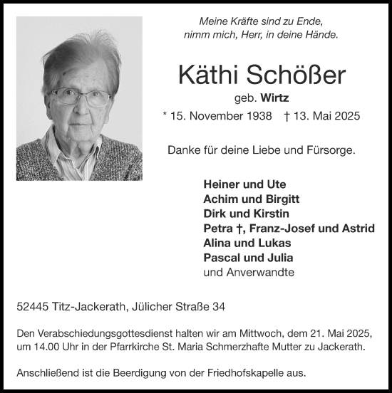 Traueranzeige von Käthi Schößer von Zeitung am Sonntag