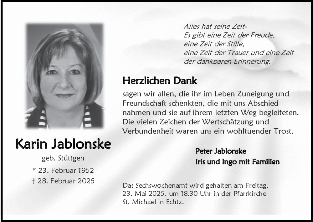 Traueranzeige für Karin Jablonske vom 18.05.2025 aus Zeitung am Sonntag