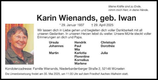 Traueranzeige von Karin Wienands von Aachener Zeitung