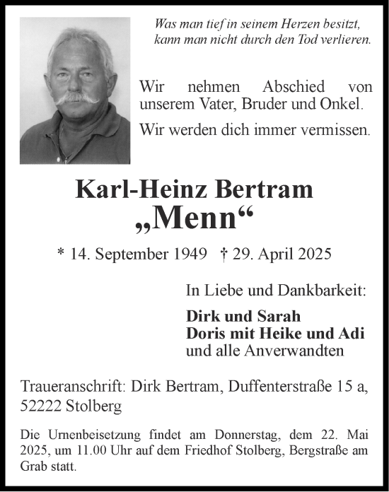 Traueranzeige von Karl-Heinz Bertram von Zeitung am Sonntag
