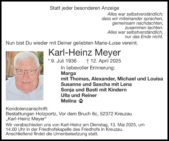 Traueranzeige von Karl-Heinz Meyer von Zeitung am Sonntag