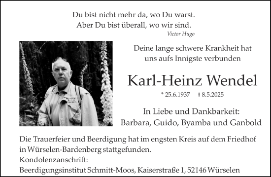 Traueranzeige von Karl-Heinz Wendel von Aachener Zeitung