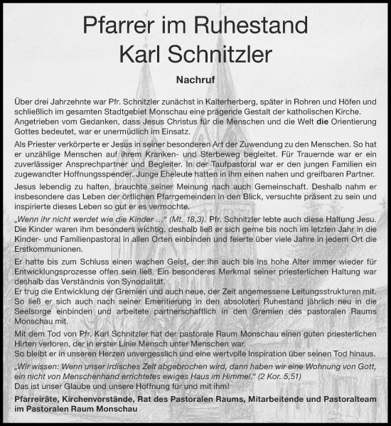 Traueranzeige von Karl Schnitzler von Aachener Zeitung