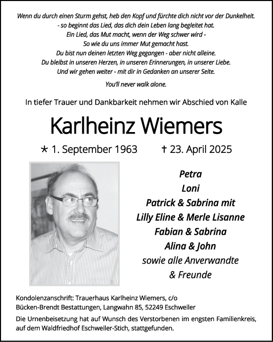 Traueranzeige von Karlheinz Wiemers von Zeitung am Sonntag